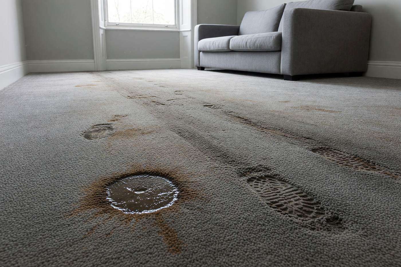 Grey lounge carpet with a worn traffic lane, a coffee stain and muddy shoe prints