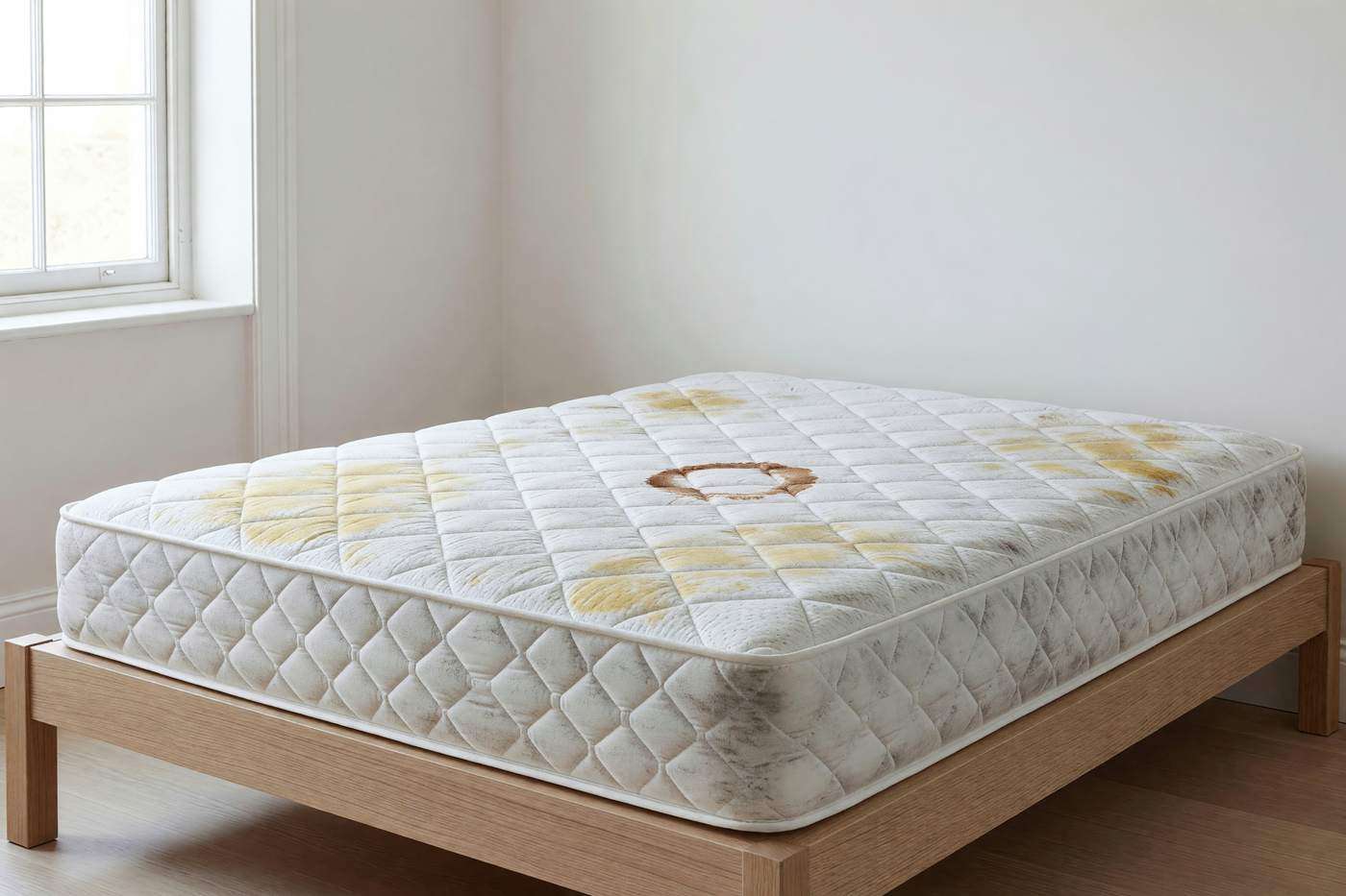 Double mattress with yellow sweat stains and a brown spill ring