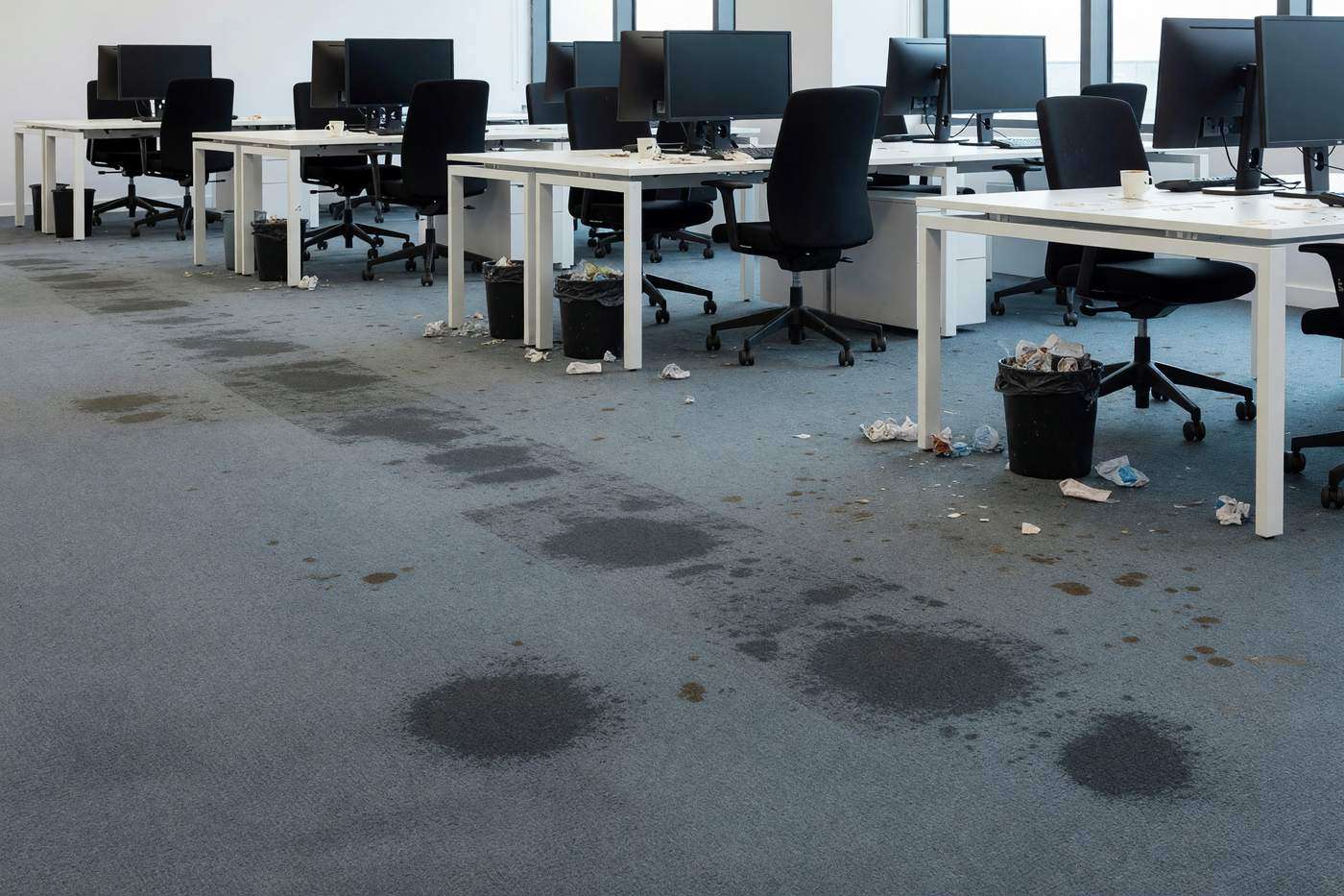 Office with stained carpet tiles, worn walkways and overflowing bins