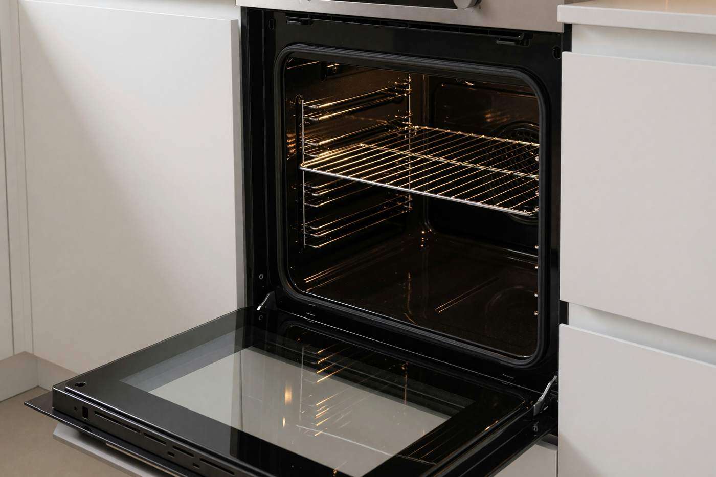 The same oven after cleaning, black enamel and clear door glass