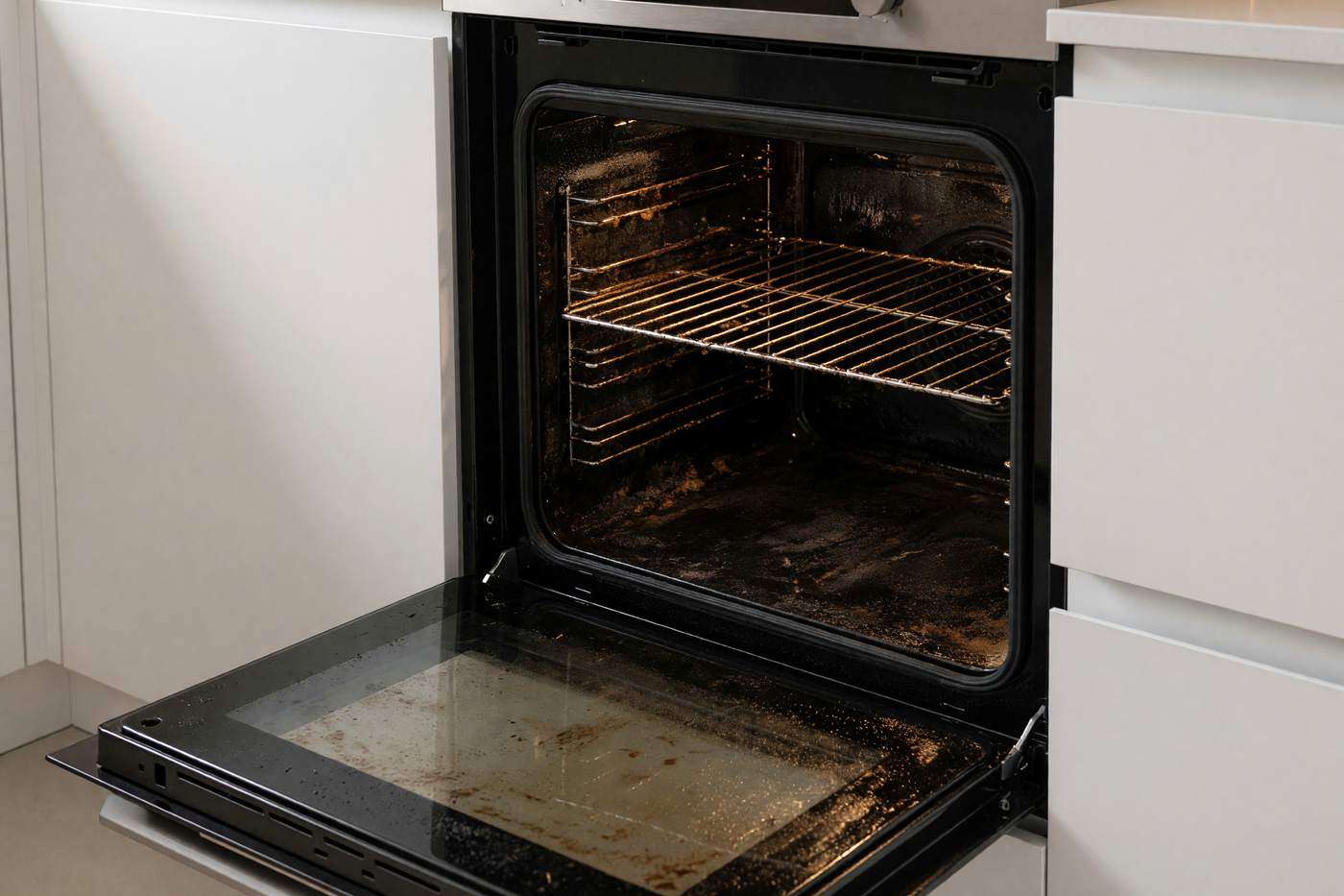 Open oven with burnt-on carbon inside and a greasy brown door glass