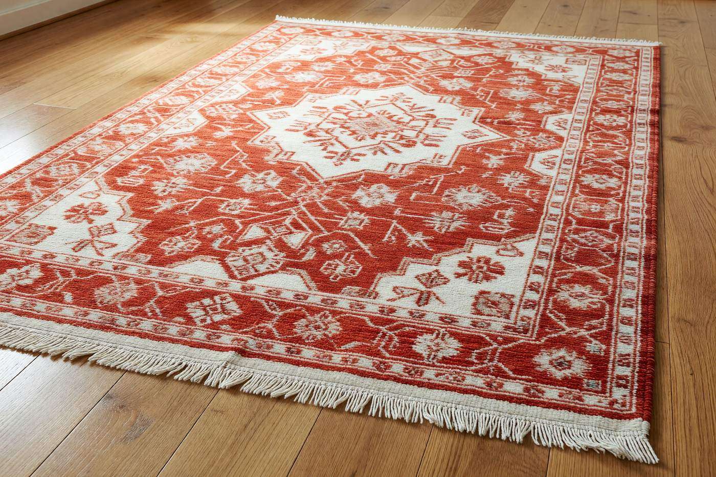 The same rug after cleaning, the colours bright and the fringe white