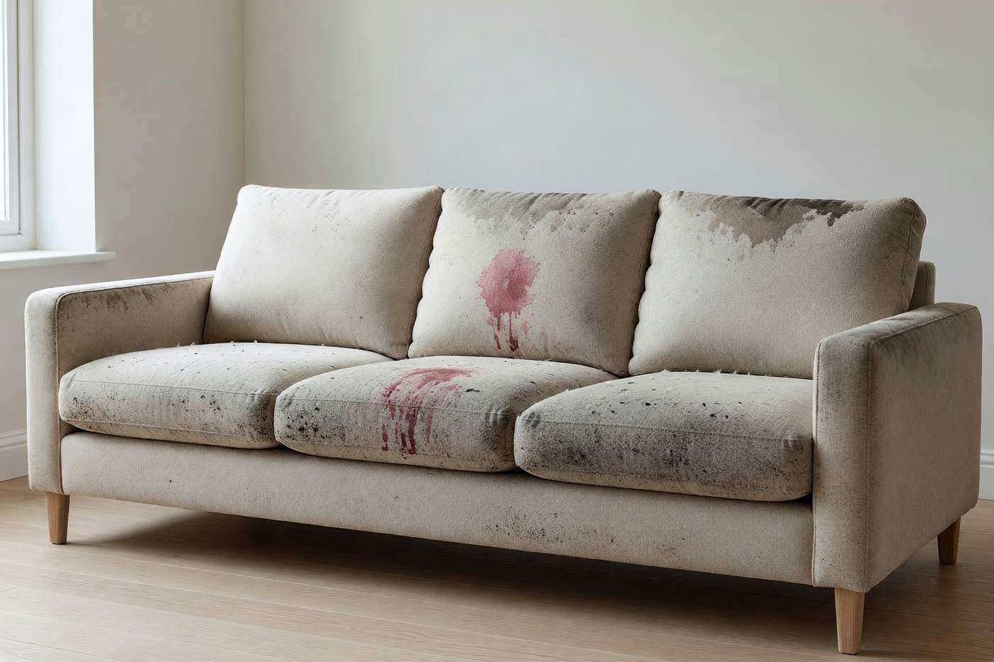Beige fabric sofa with a wine stain, greasy arms and grime on the seat cushions
