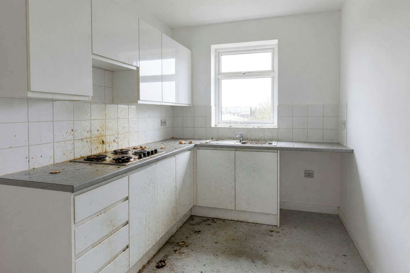 Rented flat kitchen with grease on the tiles, burnt-on food on the hob and a dirty floor