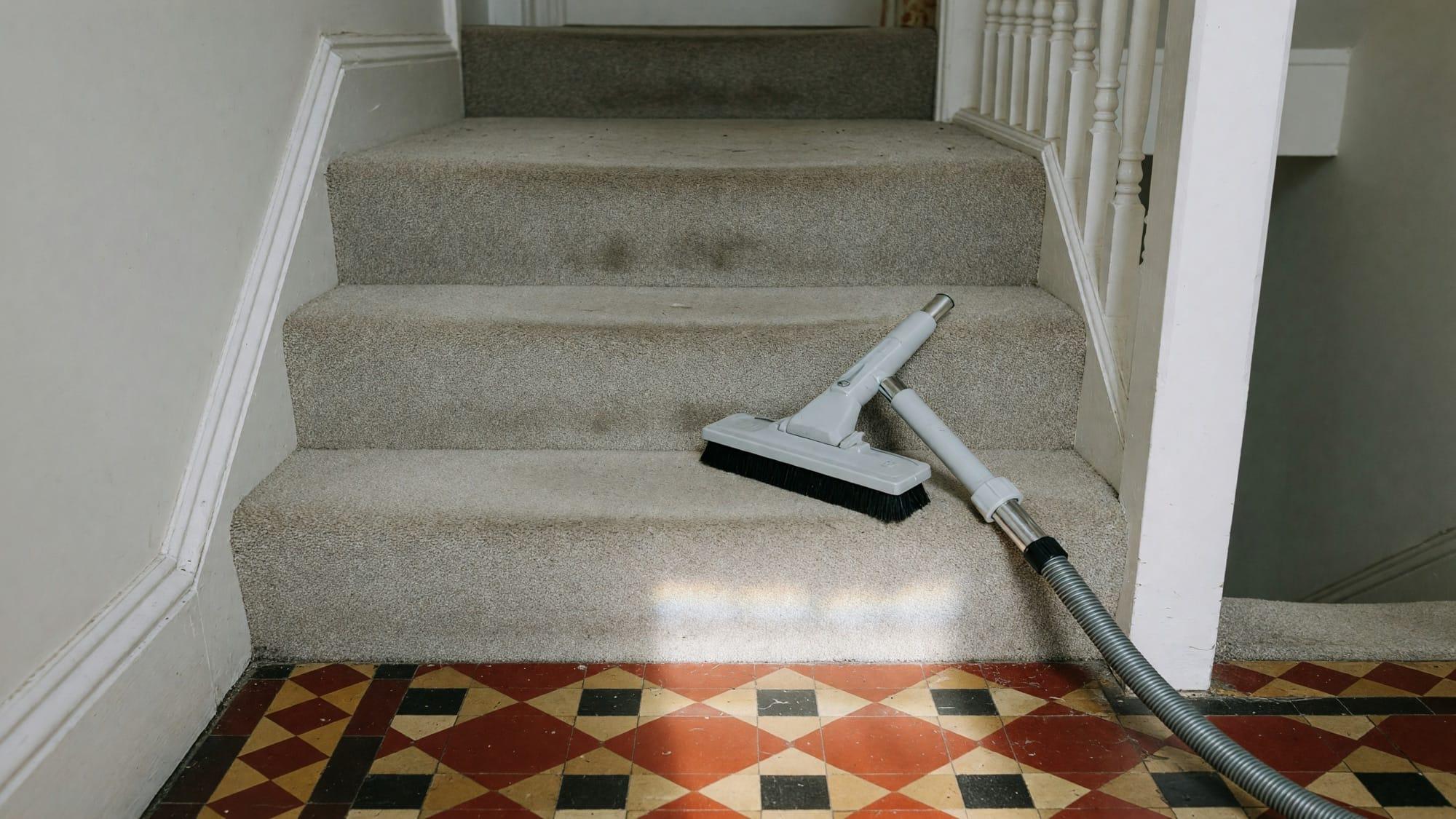 Carpeted stairs in a Victorian terraced house, ready for cleaning