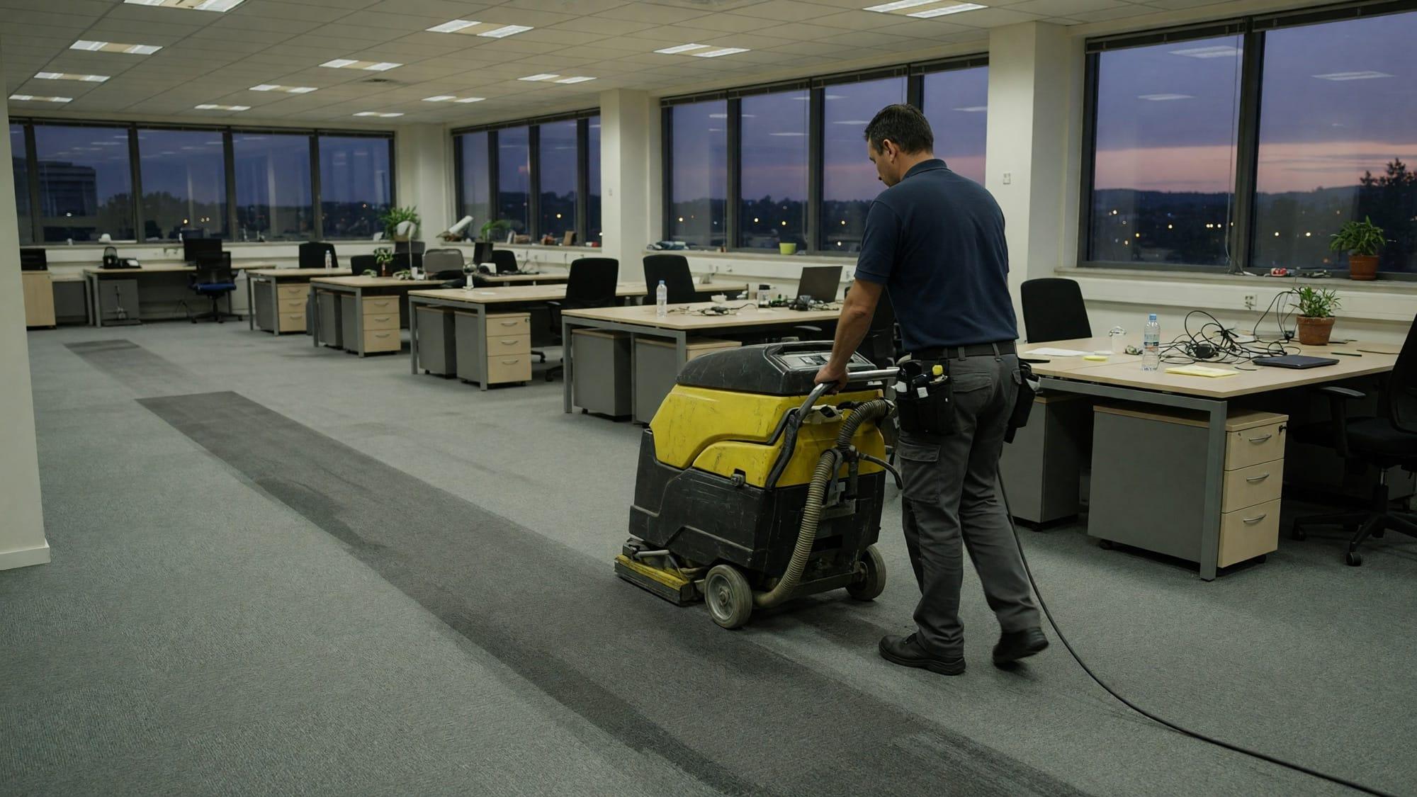 Cleaner walking a carpet cleaning machine across a grey office floor at dusk, leaving a damp stripe
