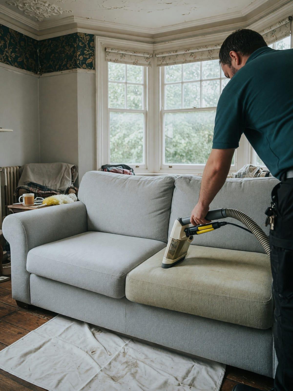 Technician in a teal polo cleaning a grey fabric sofa with an upholstery tool